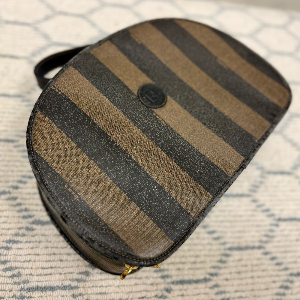 FENDI Vintage Pequin Stripe Brown Black Coated Canvas Vanity Case Cosmetic Bag - Picture 3 of 16